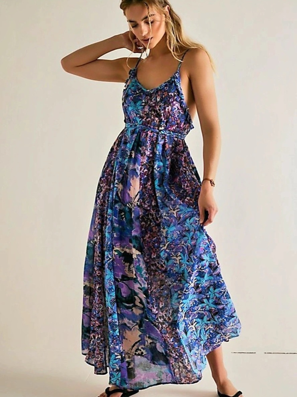 Free People Moon Dive Maxi Dress Blue Purple Floral Size L NWOT